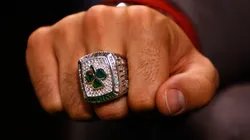 Scot Pollard of the Boston Celtics displays his 2008 Championship Ring during a game against the Cleveland Cavaliers at the TD Banknorth Garden on October 28, 2008 in Boston, Massachusetts. The Celtics won 90-85.