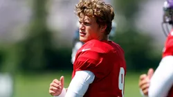 J.J. McCarthy #9 of the Minnesota Vikings warms up during training camp on August 02, 2024 in Eagan, Minnesota.