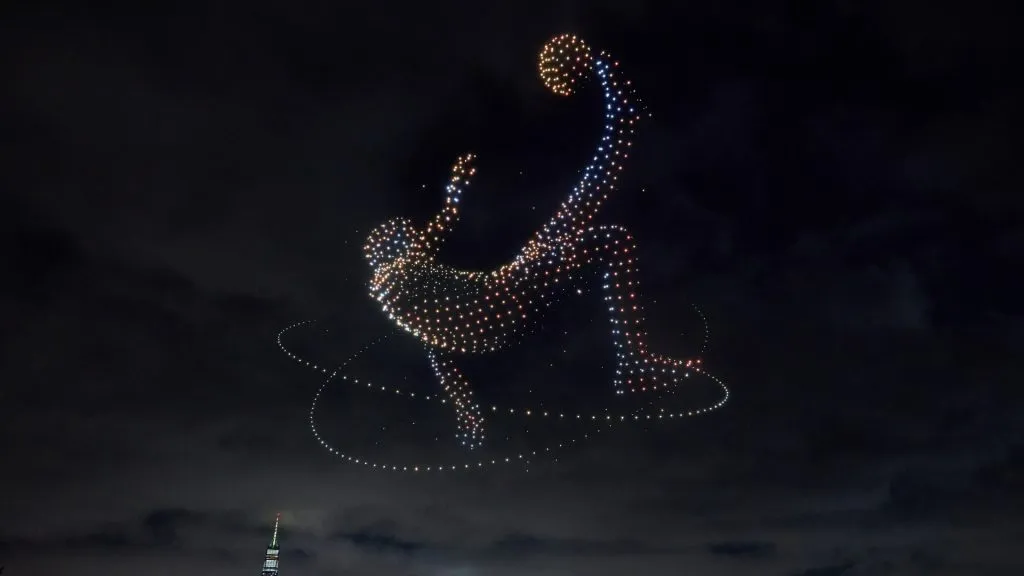 A footballer visual is displayed against the Manhatten skyline by 1500 drones in a FIFA drone show ahead of the Club World Cup Final on July 11, 2025. (Source: Dan Mullan/Getty Images)