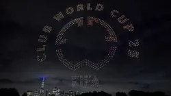 A FIFA Club World Cup logo visual is displayed against the Manhatten skyline by 1500 drones in a FIFA drone show ahead of the Club World Cup Final on July 11, 2025.