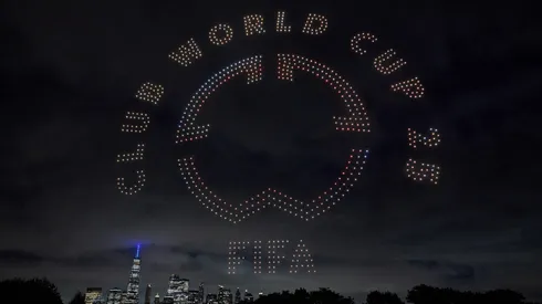 A FIFA Club World Cup logo visual is displayed against the Manhatten skyline by 1500 drones in a FIFA drone show ahead of the Club World Cup Final on July 11, 2025.