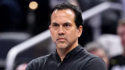Erik Spolestra the head coach of the Miami Heat gives instructions to his team against the Indiana Pacers at Gainbridge Fieldhouse on November 15, 2024 in Indianapolis, Indiana.