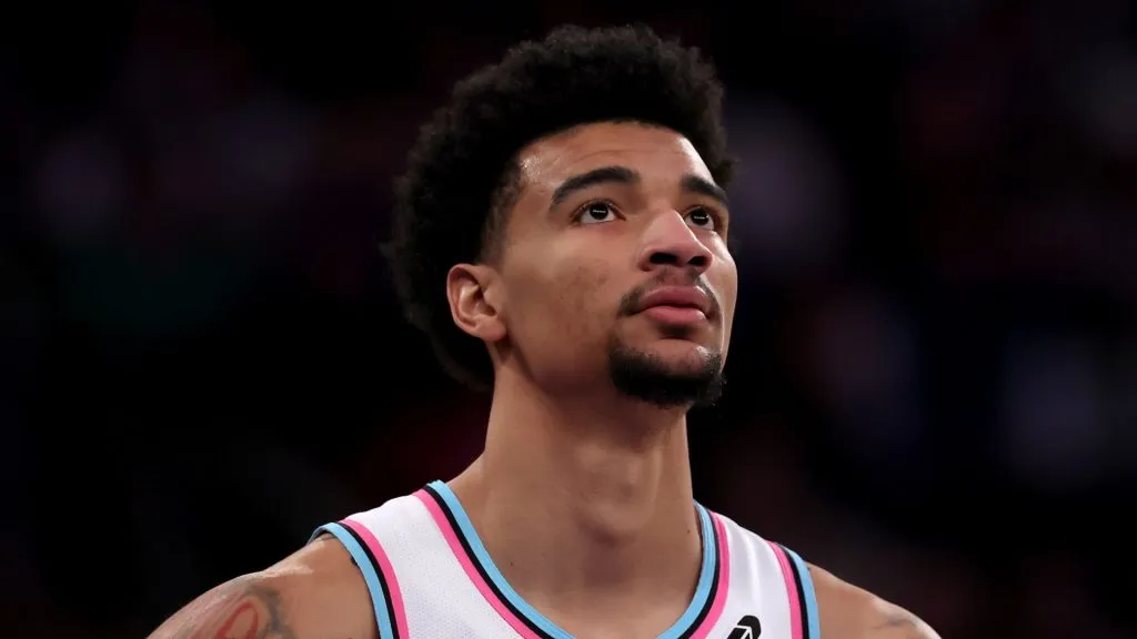 Kel'el Ware #7 of the Miami Heat looks on in the first half against the New York Knicks at Madison Square Garden on March 17, 2025 in New York City.