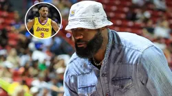 Bronny James in the corner and LeBron James of the Los Angeles Lakers shakes hands with people as he leaves a 2025 NBA Summer League