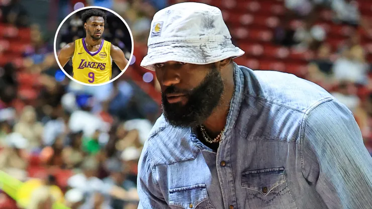 Bronny James in the corner and LeBron James of the Los Angeles Lakers shakes hands with people as he leaves a 2025 NBA Summer League