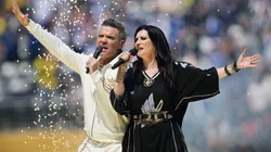 Robbie Williams and Laura Pausini perform during the Final Pre-Match Performance prior to the FIFA Club World Cup 2025 Final match between Chelsea FC and Paris Saint-Germain at MetLife Stadium on July 13, 2025.