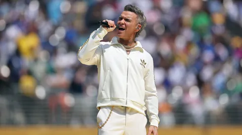 Robbie Williams performs during the Final Pre-Match Performance prior to the FIFA Club World Cup 2025 Final match between Chelsea FC and Paris Saint-Germain at MetLife Stadium on July 13, 2025.