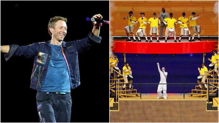 Chris Martin of Coldplay performs on a stop of the band's Music of the Spheres world tour in 2025 — J Balvin performs during the halftime show during the FIFA Club World Cup 2025 Final match.