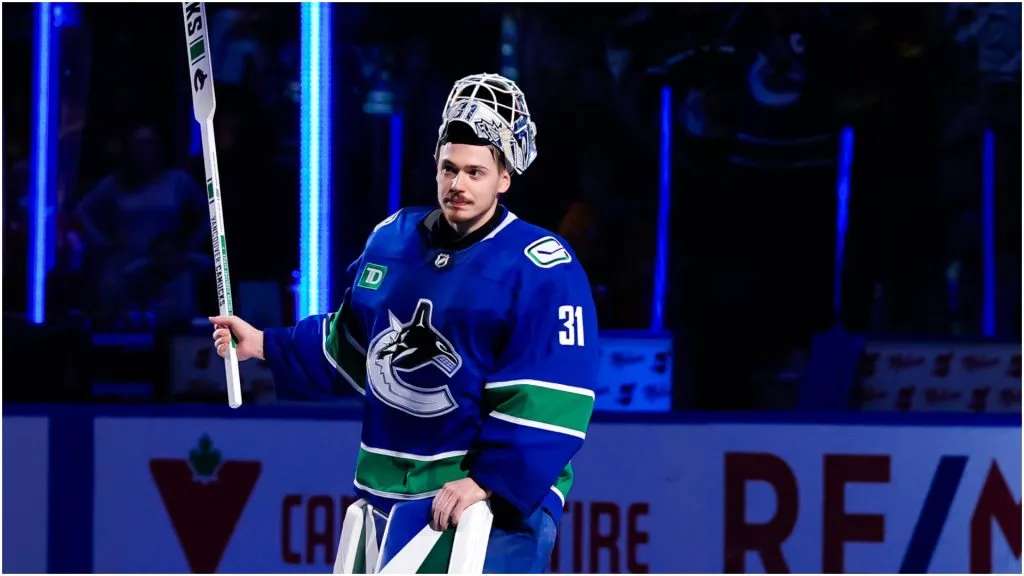 Arturs Silovs #31 of the Vancouver Canucks skates after defeating the Chicago Blackhawks during their NHL game at Rogers Arena on November 16, 2024 in Vancouver, British Columbia, Canada.