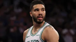 Jayson Tatum #0 of the Boston Celtics reacts in the fourth quarter against the New York Knicks.