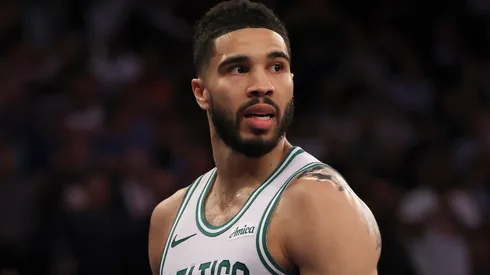 Jayson Tatum #0 of the Boston Celtics reacts in the fourth quarter against the New York Knicks.
