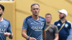 Luis Enrique, Head Coach of Paris Saint-Germain, and assistant coach Rafel Pol Cabanellas walk on the pitch prior to the FIFA Club World Cup 2025 Final match between Chelsea FC and Paris Saint-Germain