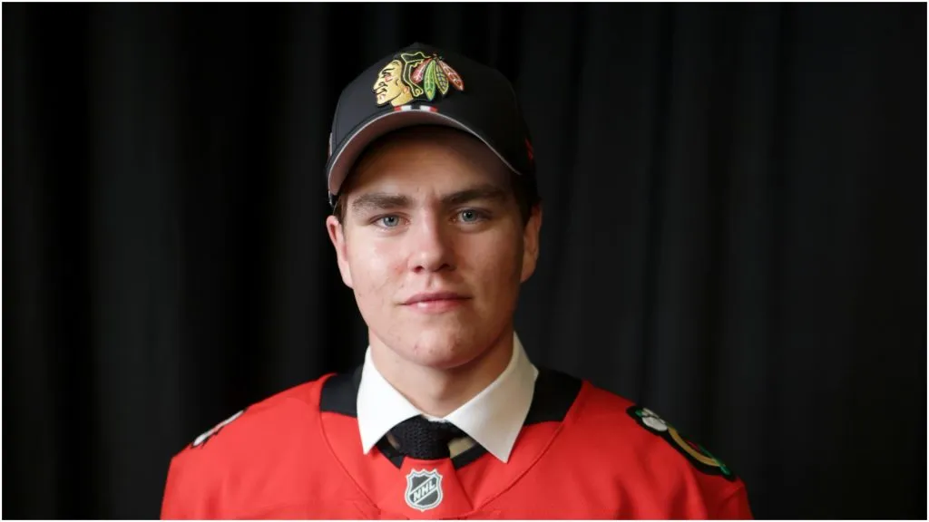 Anton Frondell poses for a portrait after being drafted by the Chicago Blackhawks with the third overall pick during the first round of the 2025 Upper Deck NHL Draft at JW Marriott Los Angeles L.A. LIVE on June 27, 2025 in Los Angeles, California.