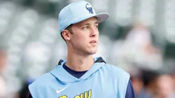 Jacob Misiorowski #32 of the Milwaukee Brewers looks on before the game against Colorado Rockies at American Family Field on June 27, 2025 in Milwaukee, Wisconsin.