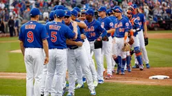 The New York Mets celebrate after defeating the Miami Marlins at Citi Field on September 30, 2018 in the Flushing neighborhood of the Queens borough of New York City. The Mets won 1-0.
