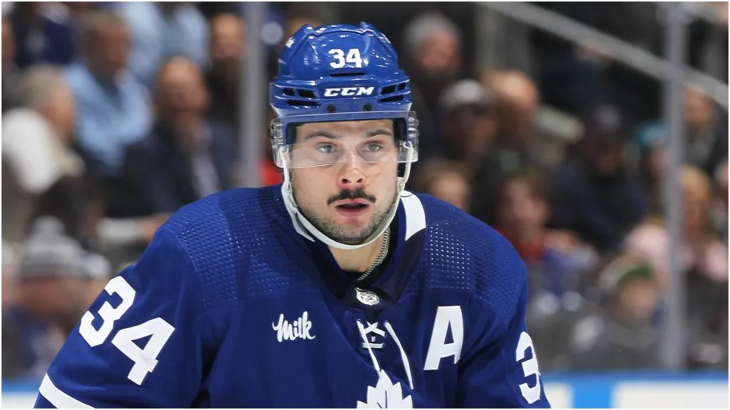 Auston Matthews #34 of the Toronto Maple Leafs skates against the Calgary Flames during an NHL game at Scotiabank Arena on December 10, 2022 in Toronto, Ontario, Canada. The Maple Leafs defeated the Flames 5-4 in overtime.