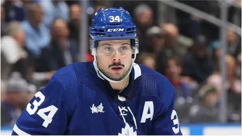 Auston Matthews #34 of the Toronto Maple Leafs skates against the Calgary Flames during an NHL game at Scotiabank Arena on December 10, 2022 in Toronto, Ontario, Canada. The Maple Leafs defeated the Flames 5-4 in overtime.