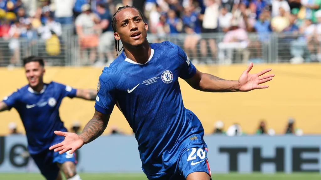 Joao Pedro #20 of Chelsea FC celebrates scoring his team’s third goal during the FIFA Club World Cup 2025 Final.