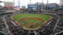 A general view inside Truist Park as the national anthem is played before the HBCU Swingman Classic during the 2025 MLB All-Star Week on July 11, 2025.