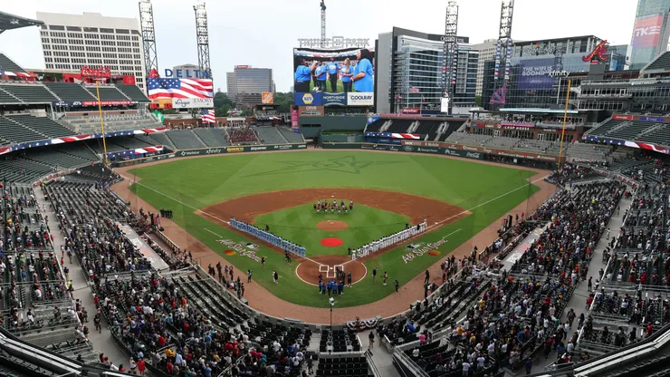 A general view inside Truist Park as the national anthem is played before the HBCU Swingman Classic during the 2025 MLB All-Star Week on July 11, 2025.