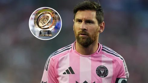 Lionel Messi #10 of Inter Miami CF and FIFA Club World Cup trophy.