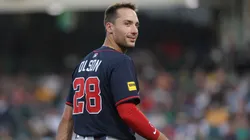 Matt Olson #28 of the Atlanta Braves looks over his shoulder at the Athletics dugout at Sutter Health Park on July 10, 2025.