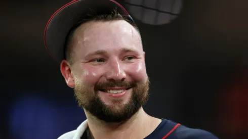 Cal Raleigh #29 of the Seattle Mariners reacts during the final round of the Home Run Derby at Truist Park on July 14, 2025 in Atlanta, Georgia.