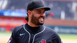 Eugenio Suárez #28 of the Arizona Diamondbacks reacts following the 11-10 victory over the Atlanta Braves at Truist Park on June 5, 2025 in Atlanta, Georgia.