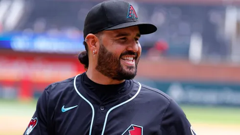 Eugenio Suárez #28 of the Arizona Diamondbacks reacts following the 11-10 victory over the Atlanta Braves at Truist Park on June 5, 2025 in Atlanta, Georgia.