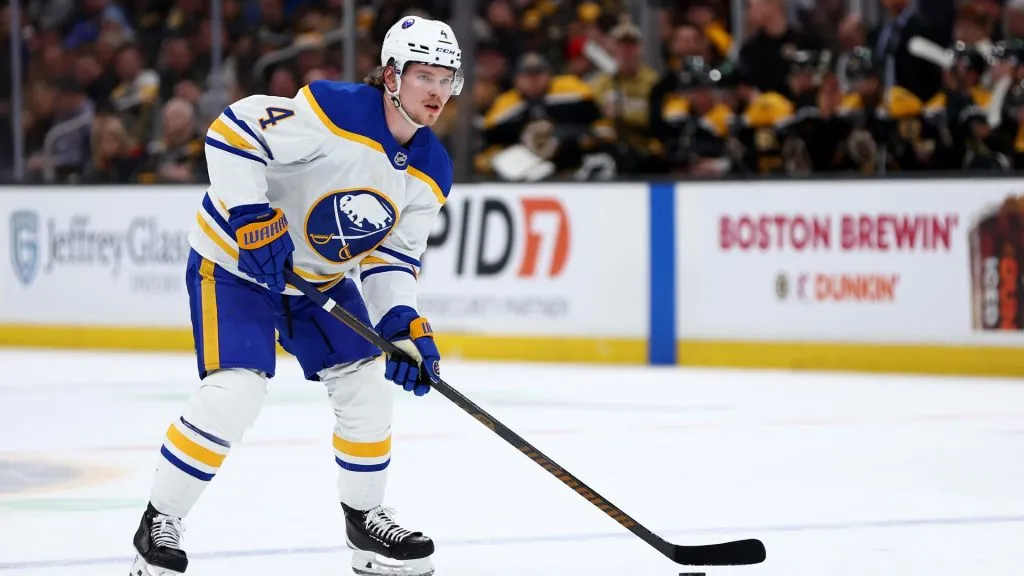 BOSTON, MASSACHUSETTS – DECEMBER 21: Bowen Byram #4 of the Buffalo Sabres skates against the Boston Bruins during the second period at TD Garden on December 21, 2024 in Boston, Massachusetts. (Photo by Maddie Meyer/Getty Images)