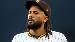 Fernando Tatis Jr. #23 of the San Diego Padres looks on during a game against the Philadelphia Phillies at Petco Park on July 12, 2025 in San Diego, California.