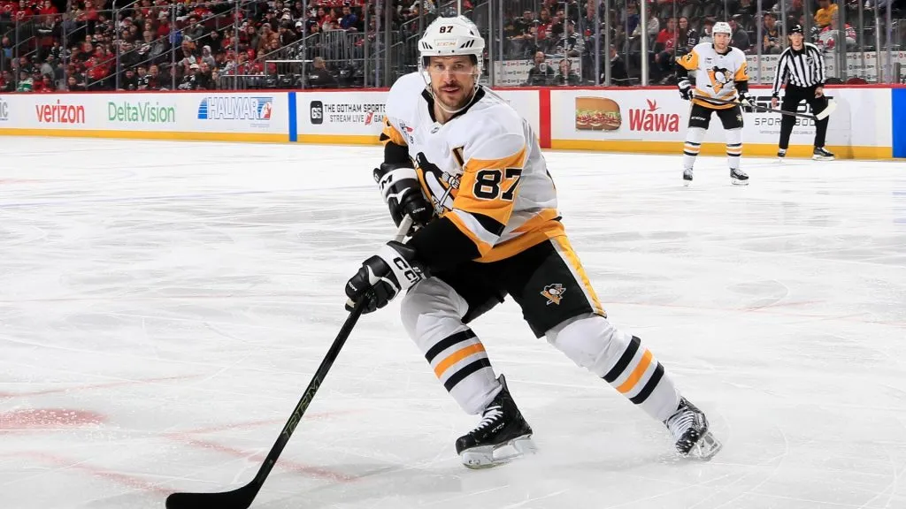 Sidney Crosby #87 of the Pittsburgh Penguins skates against the New Jersey Devils at Prudential Center on April 11, 2025 in Newark, New Jersey. (Photo by Bruce Bennett/Getty Images)