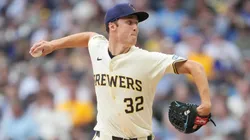 Jacob Misiorowski #32 of the Milwaukee Brewers pitches against the Los Angeles Dodgers during the first inning at American Family Field on July 08, 2025 in Milwaukee, Wisconsin.