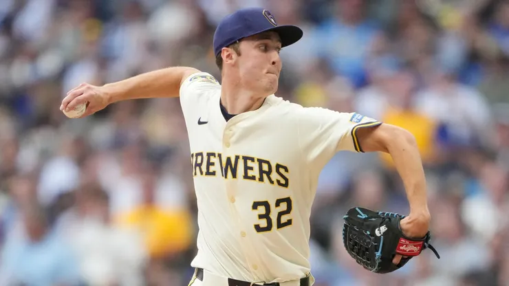 Jacob Misiorowski #32 of the Milwaukee Brewers pitches against the Los Angeles Dodgers during the first inning at American Family Field on July 08, 2025 in Milwaukee, Wisconsin.