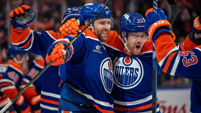 Leon Draisaitl #29 and Jeff Skinner #53 with the Edmonton Oilers celebrate an overtime goal to win the game against the Calgary Flames at Rogers Place on March 29, 2025, in Edmonton, Alberta, Canada. (Photo by Leila Devlin/Getty Images)