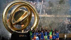 : Joao Pedro #20 of Chelsea FC lifts the FIFA Club World Cup trophy after his team's victory following FIFA Club World Cup 2025