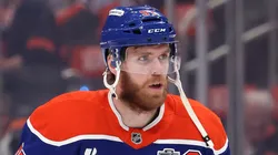 Connor McDavid #97 of the Edmonton Oilers warms up before a game against the Florida Panthers in Game Five of the 2025 Stanley Cup Final at Rogers Place on June 14, 2025 in Edmonton, Alberta, Canada.