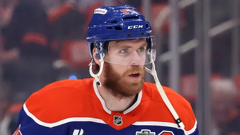 Connor McDavid #97 of the Edmonton Oilers warms up before a game against the Florida Panthers in Game Five of the 2025 Stanley Cup Final at Rogers Place on June 14, 2025 in Edmonton, Alberta, Canada.