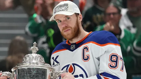 Connor McDavid #97 of the Edmonton Oilers poses after defeating the Dallas Stars in Game Five to win the Western Conference Final of the 2025 Stanley Cup Playoffs.