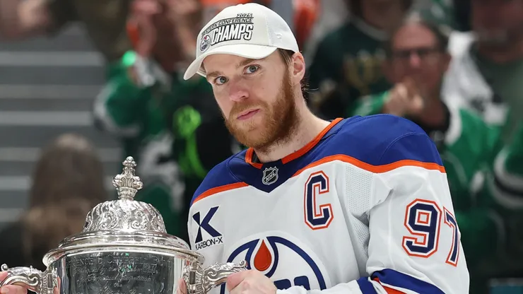 Connor McDavid #97 of the Edmonton Oilers poses after defeating the Dallas Stars in Game Five to win the Western Conference Final of the 2025 Stanley Cup Playoffs.
