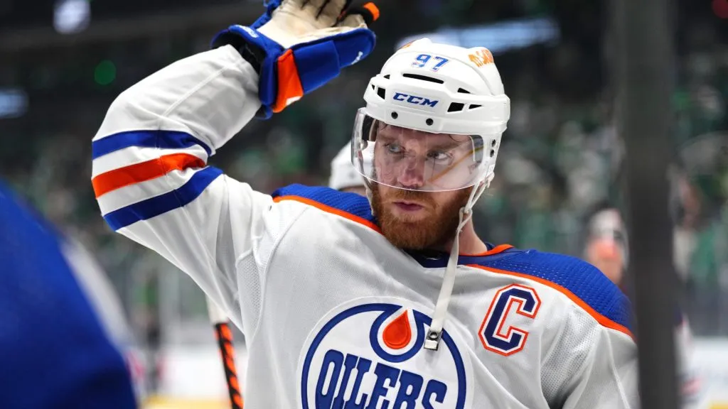 Connor McDavid reacts after his game winning goal against the Dallas Stars during the second overtime in Game One of the Western Conference Final of the 2024 Stanley Cup Playoffs. (Source: Cooper Neill/Getty Images)