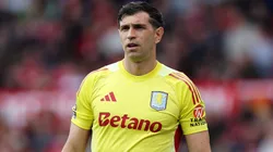 miliano Martinez of Aston Villa looks on during the Premier League match between Manchester United FC and Aston Villa FC.
