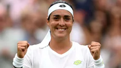 Ons Jabeur of Tunisia celebrates victory against Aryna Sabalenka following the Women's Singles Semi Finals on day eleven of The Championships Wimbledon 2023.