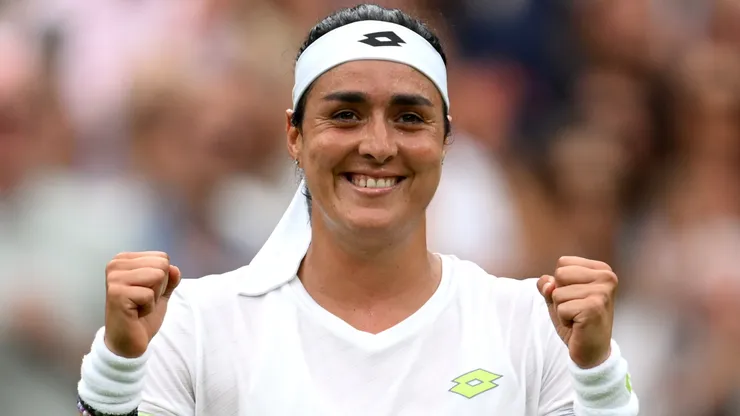 Ons Jabeur of Tunisia celebrates victory against Aryna Sabalenka following the Women's Singles Semi Finals on day eleven of The Championships Wimbledon 2023.