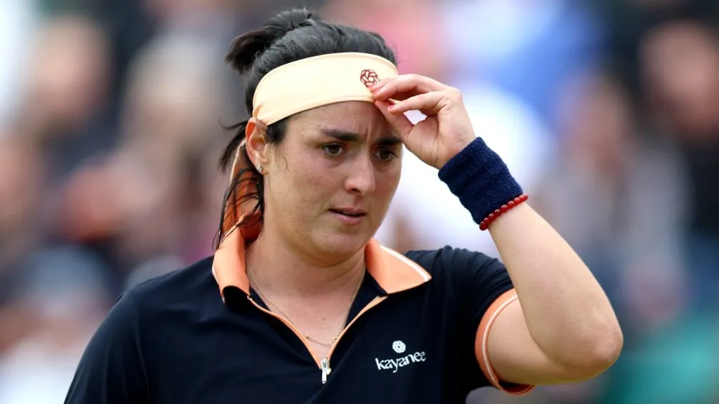 Ons Jabeur reacts against Karolina Pliskova of Czechia during the Women’s Singles Quarter Final match on Day Six of the Rothesay Open Nottingham on June 15, 2024. (Source: Nathan Stirk/Getty Images for LTA)