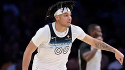 Terrence Shannon Jr. #00 of the Minnesota Timberwolves reacts to his three pointer during a 111-102 Los Angeles Lakers win at Crypto.com Arena on February 27, 2025 in Los Angeles, California.