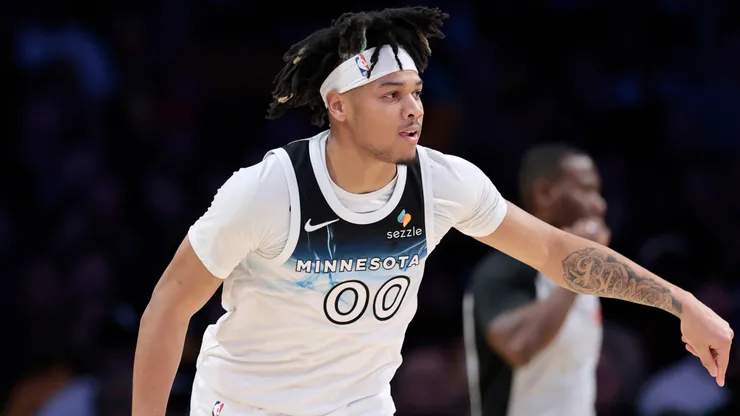 Terrence Shannon Jr. #00 of the Minnesota Timberwolves reacts to his three pointer during a 111-102 Los Angeles Lakers win at Crypto.com Arena on February 27, 2025 in Los Angeles, California.