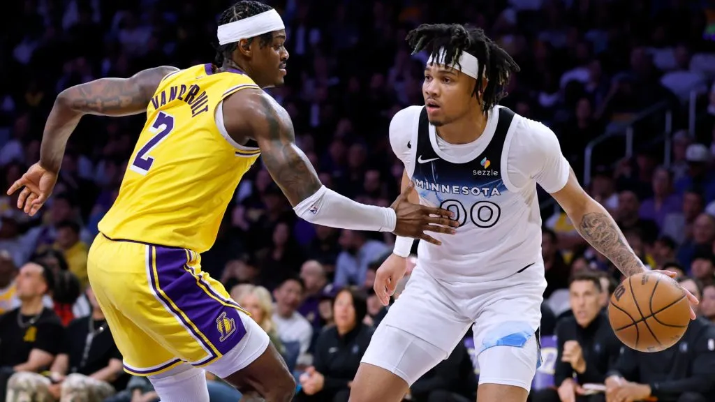 Terrence Shannon Jr. #00 of the Minnesota Timberwolves dribbles in front of Jarred Vanderbilt #2 of the Los Angeles Lakers during the first half at Crypto.com Arena on February 27, 2025 in Los Angeles, California.