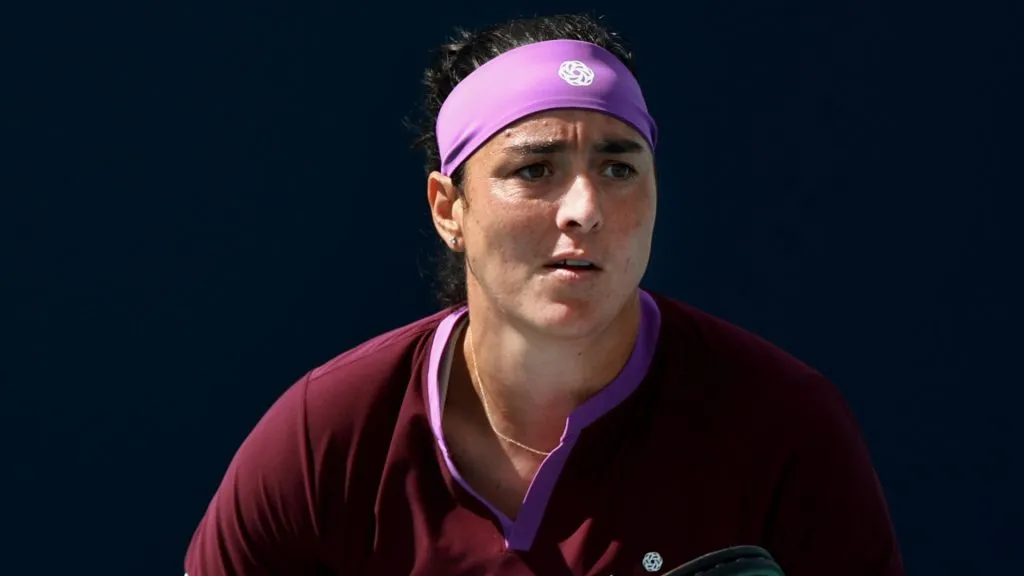 Ons Jabeur of Tunisia returns a shot against Jasmine Paolini of Italy during their match at Hard Rock Stadium on March 22, 2025. (Source: Carmen Mandato/Getty Images)