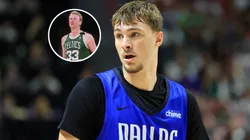 Cooper Flagg #32 of the Dallas Mavericks and Celtics' legend Larry Bird.